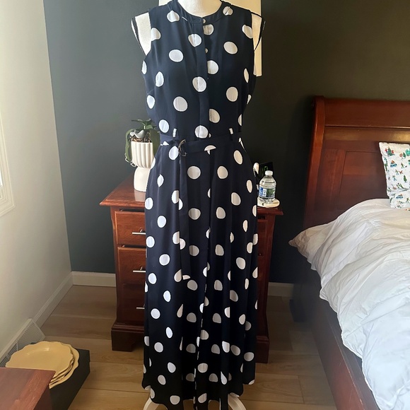 Banana Republic Navy and White Polka Dot Midi Dress - Size 4 - Picture 1 of 5